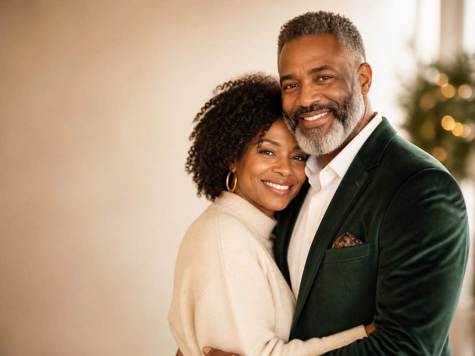 A mature couple embracing warmly in soft window light
