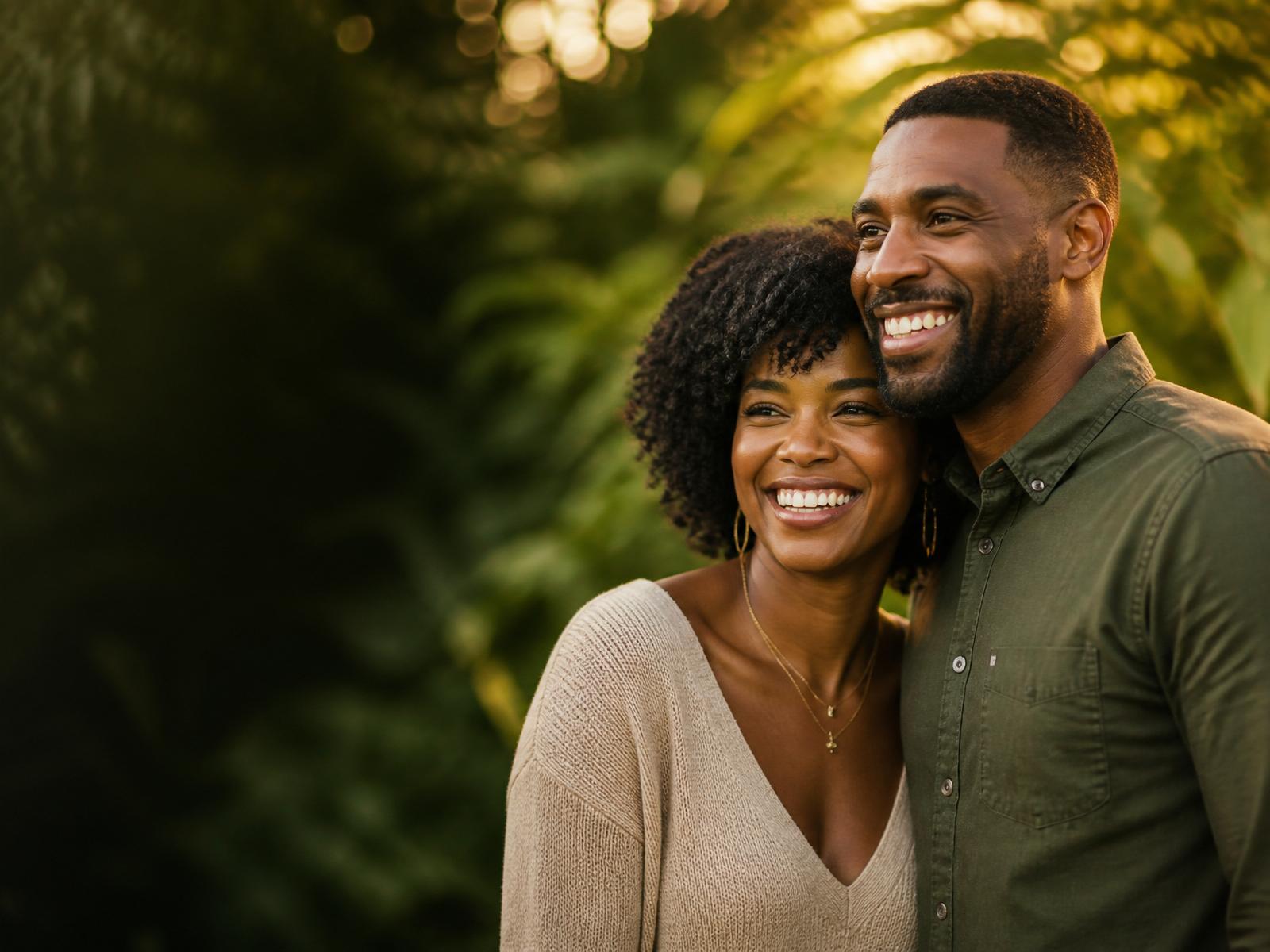 A joyful couple laughing together in golden garden light